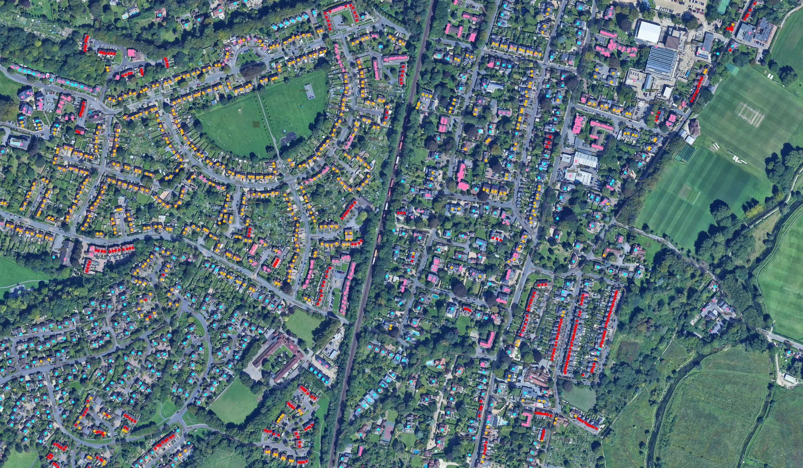 A map showing lots of different properties coloured based on the property type.